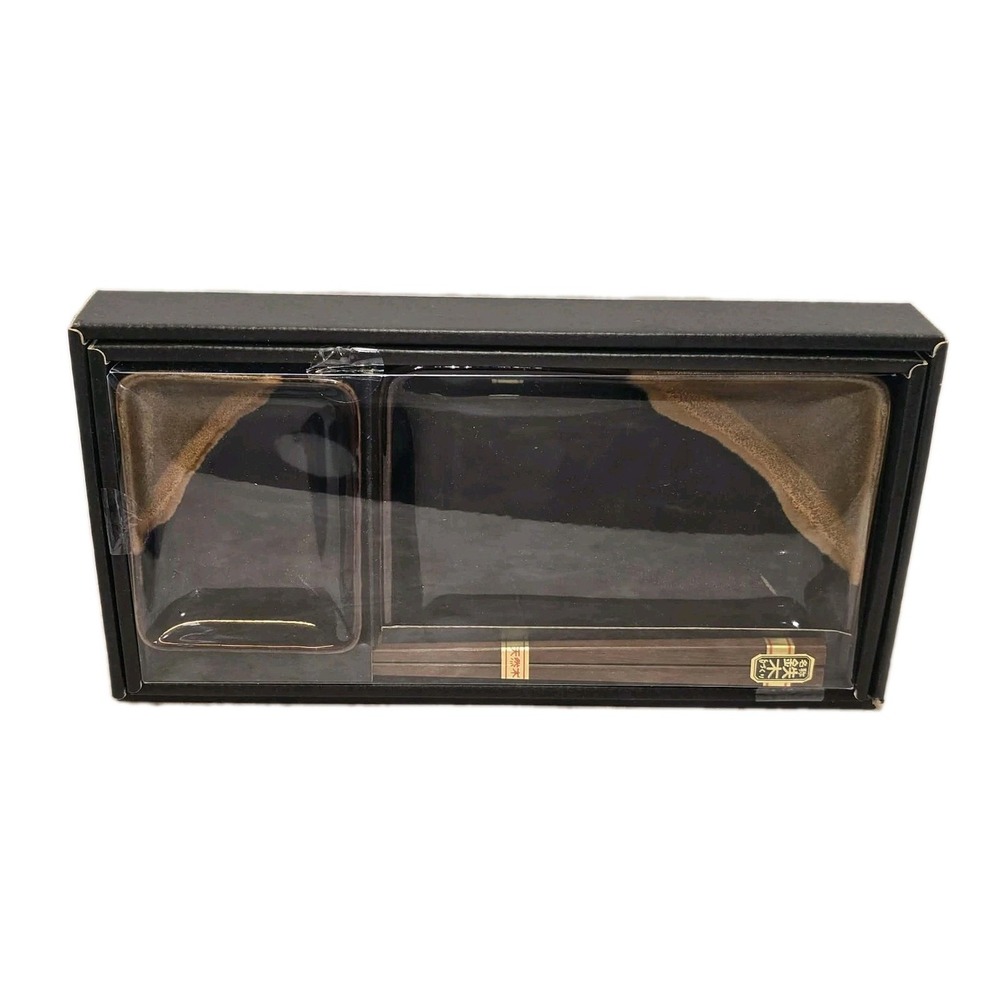 Japanese Lacquer Bento Box Tray Chopsticks Dish Set Black Brown New in Box Japan